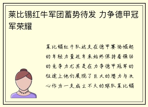 莱比锡红牛军团蓄势待发 力争德甲冠军荣耀